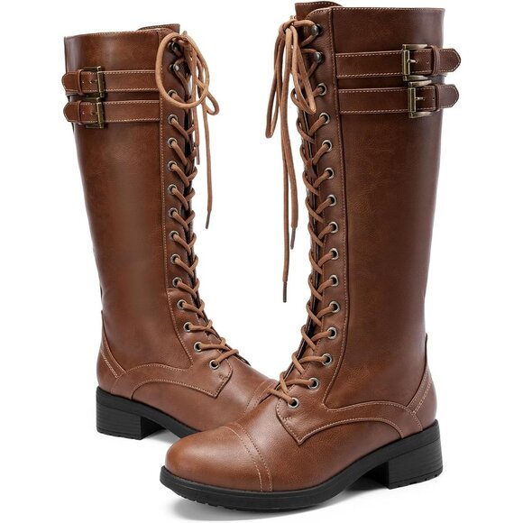 Women's Polyurethane Pu Light Brown Double buckle Knee High Riding Combat Boot - Picture 7 of 7